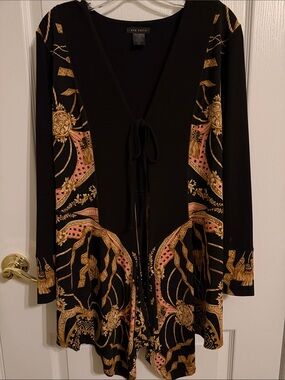 eva varro Black, Gold & Pink Baroque Tie-Front Cardigan